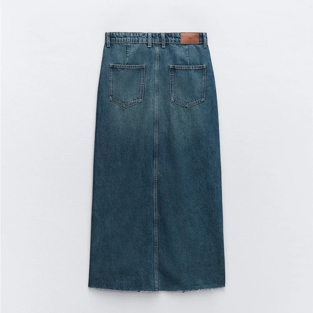 Zara set Long front Slit Denim High waist Skirt & Jacket Indigo Dark Blue S NWT - Picture 6 of 16